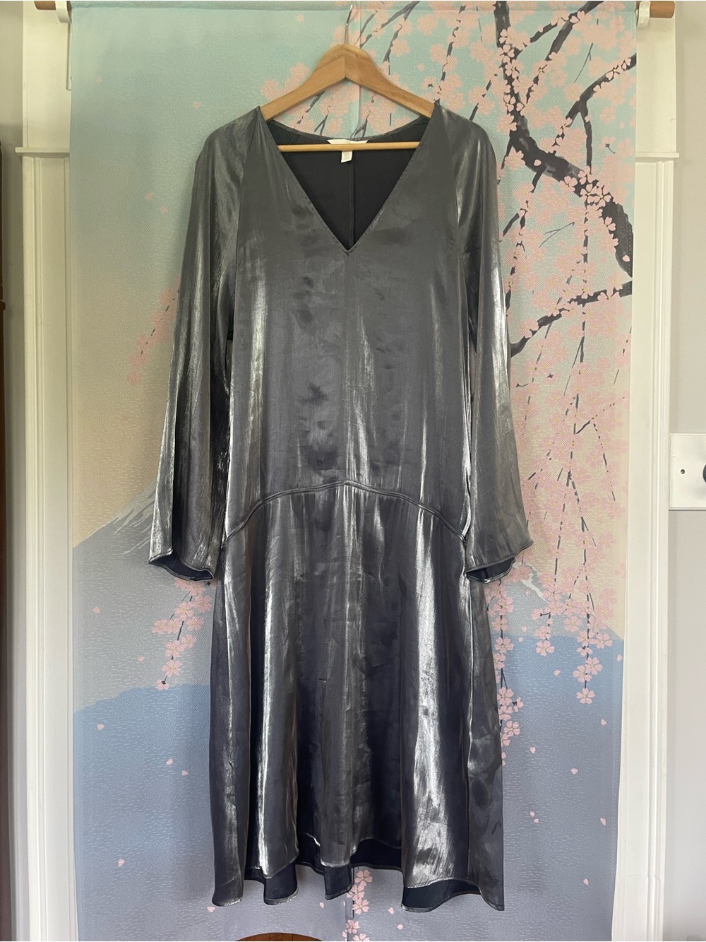 H&M Metallic Silver V-Neck Long Sleeve Dress